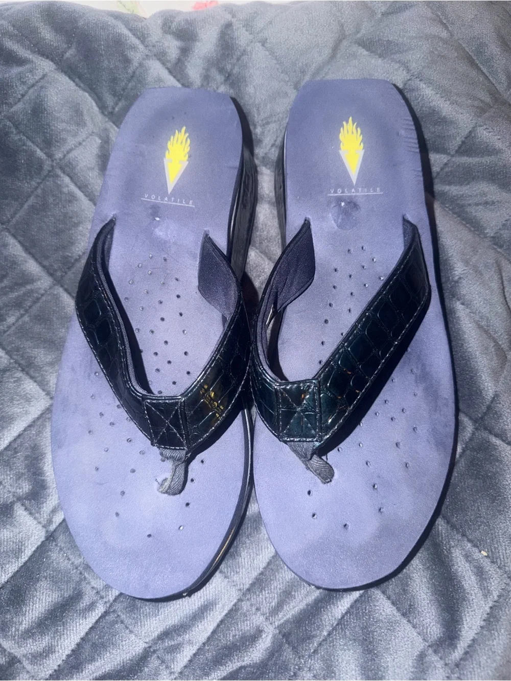 Volatile Navy Blue Flip Flops with Black Croc-Texture Thongs